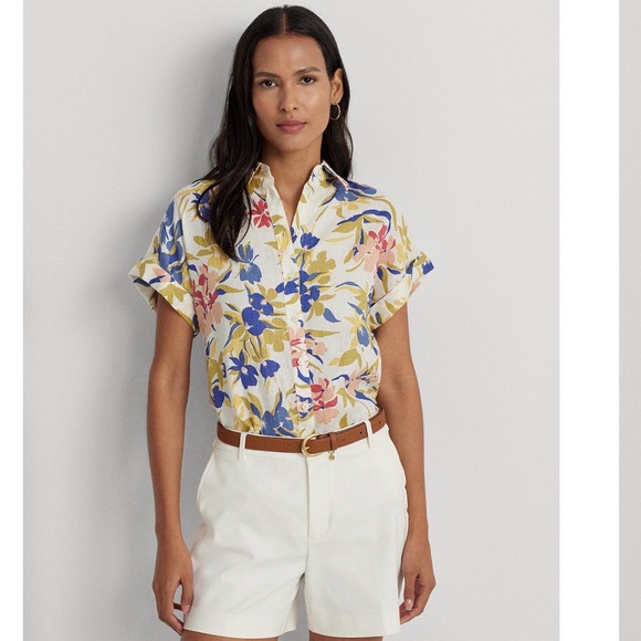 Lauren Ralph Lauren 100% Linen Relaxed Fit Floral Short Sleeve Shirt Size 3X - Picture 2 of 13